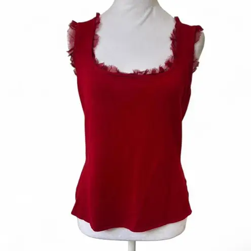 Alberto Makali Y2K VTG. RED SILK TRIM RUFFLE TANK BLOUSE LARGE/X LARGE.