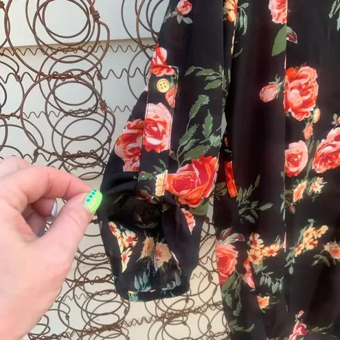 Belle Tweed belted black floral tunic blouse XL boho