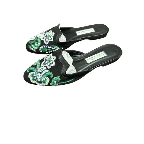Oscar de la Renta Womens Black Canvas Bead Embroidered Mules Size 37