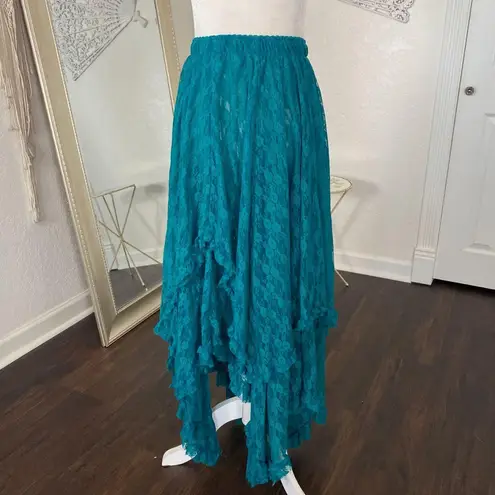 Vivimos Teal Blue Witchy Whimsygoth Sheer Lace Asymmetric Ruffle Midi Skirt S
