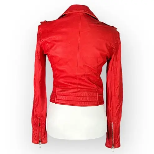 IRO Luiga Cropped Moto Jacket Women 36 Red Silver Double Zip Button Long Sleeve