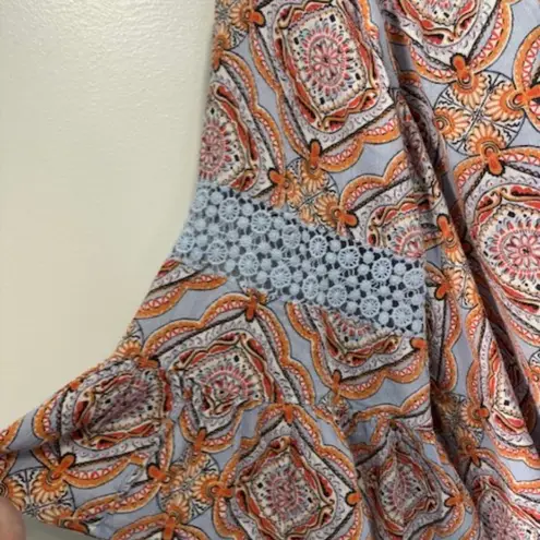 Crown & Ivy  Curvy 1X Orange Blue Crochet Peasant Boho Mandala 3/4 Bell Sleeve