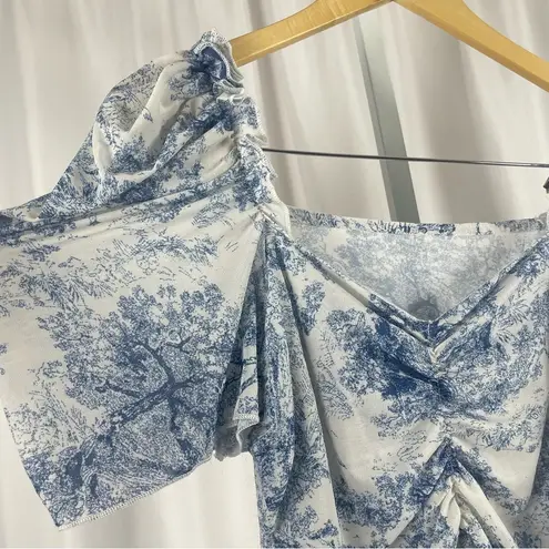 Cottagecore Medium Chic Tree Chinoiserie Art Artsy Print Puff Sleeve Ruched Top Blue