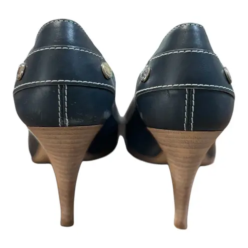 Tod's Leather Peep Toe Heels Italian Navy Blue Designer Pumps Shoes Size 39 8.5