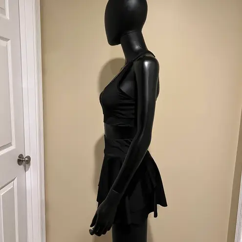 Two pieces Gym Set High Waist Mini Skort Built In Shorts Sport Bea Bustier Top Black