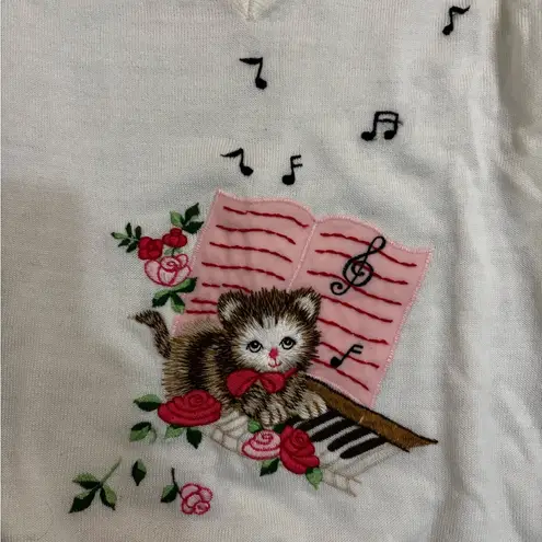 Vintage Di Costa 1960s Embroidered Kitten and Music note Sweater – Size Small White