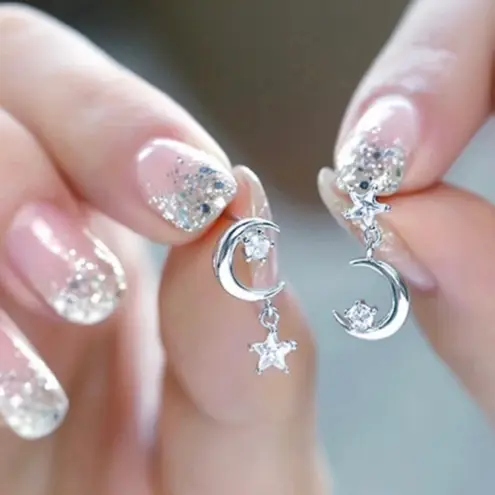 18K White Gold Plated Moon Stars Dangle Drop Earrings Silver