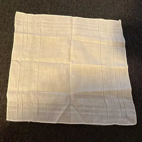 Vintage Hanky Linen Poly Blend W/Woven Work Details White