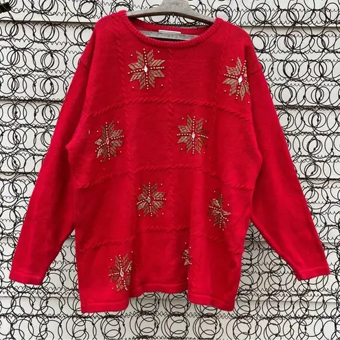 Vintage 90s August Max oversize VOLUP knit red holiday sweater beaded snowflakes Size 2X