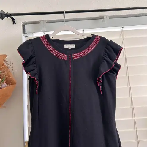 Casilda Mutt Black Embroidered Shift Dress – Red & Pink Floral, Flutter Sleeve S