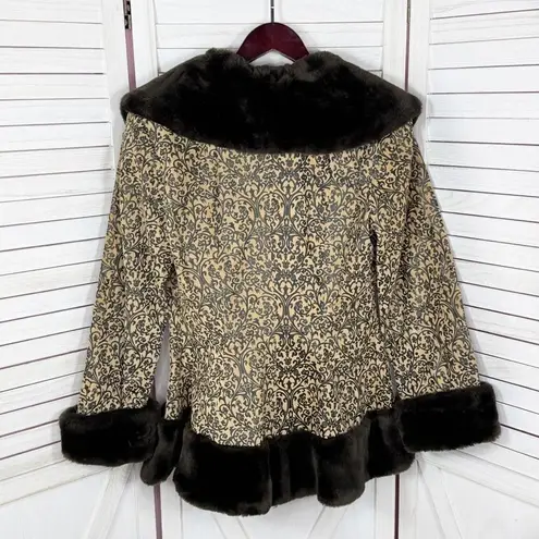 Newport News Vintage Embossed Faux Fir Trim Leather Princess Swing Coat Small
