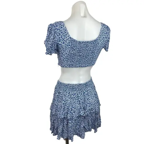 Princess Polly  Meadow Blue Floral Print Two Piece Crop Top & Skirt Maching Set 8