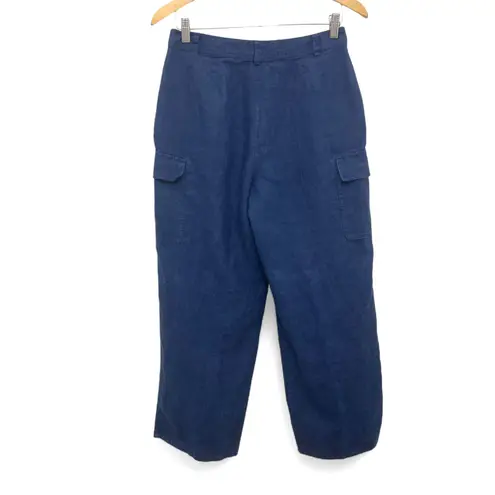 Kate Hill Cargo Pants Size 6 Navy Blue 100% Linen Wide Leg Utility Pockets