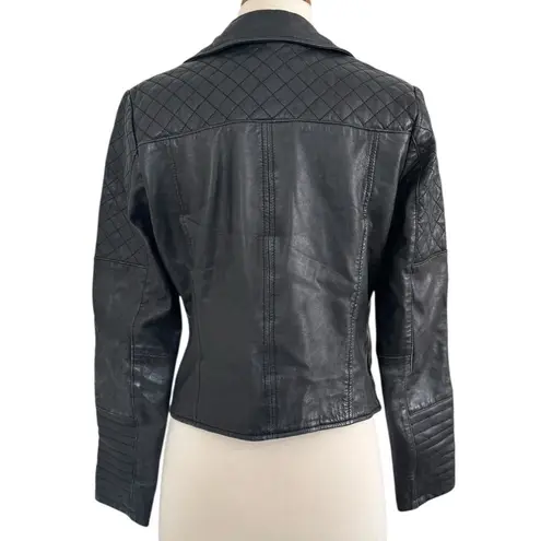 River Island Vintage Quilted Leather Moto Biker Black Jacket Size UK 12 US 8