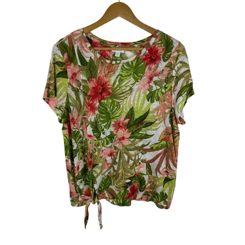 J Jill Love Linen Tropical Floral Tie Front Top Size LP Resort Lightweight Beach Green