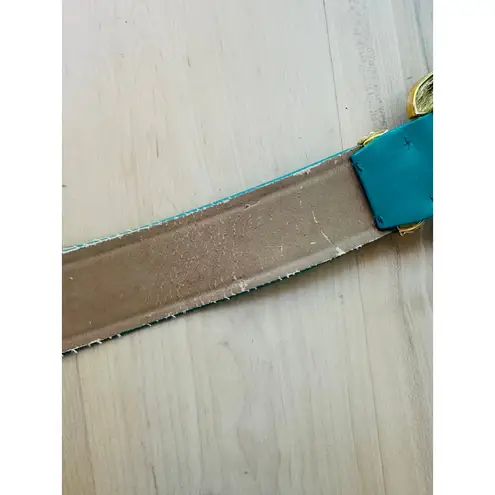 90s St John Leather/Enamel Belt Size 2/26 W Turquoise Gold Big Statement Green