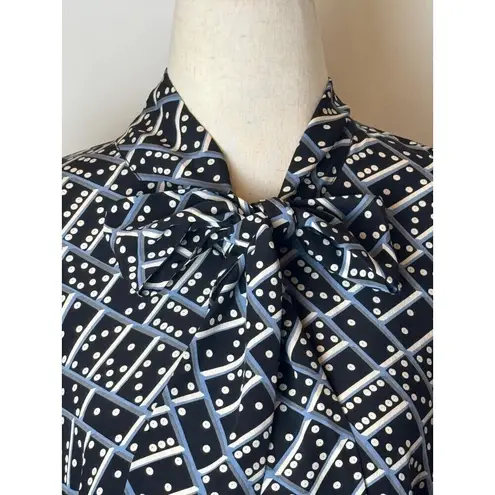 LK Bennett Dress Women 4 Black Blue Silk Domino Tie Neck Lotte Mini Shirt Dress