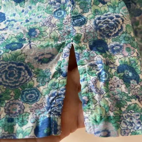 Orvis Sz 10 Blue Ditsy Floral Button Up Shirt Blouse Mock Ruffle Neck