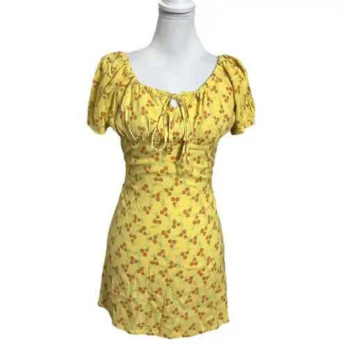 With Jean Loretta Cherry Puff Sleeve Mini Dress Women’s Size XS Yellow Cottageco