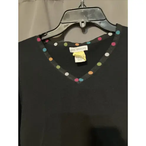 Eric Spencer Women's Medium Black Blouse, Polka Dot Trim, 3/4 Sleeve Top, Casual