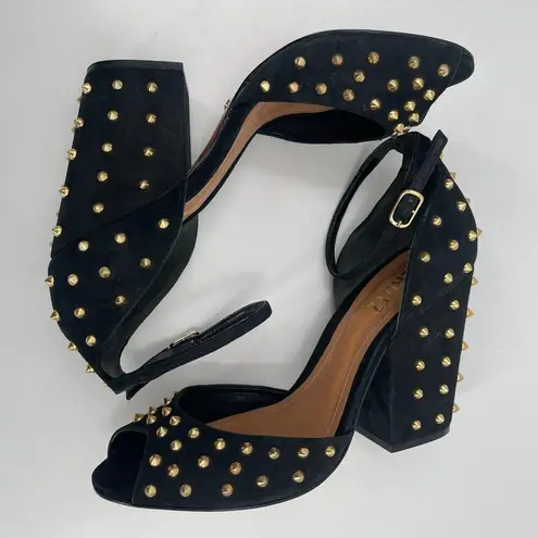 Schutz Dionise Heels Size 8.5 Black Nubuck Gold Stud Spike Open Toe Block Strap