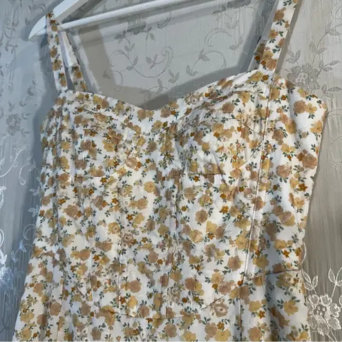 Moon River Cream Yellow Floral Print Lace Corset Midi Dress Small Brunch Girly