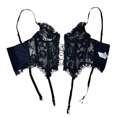 SHIRLEY Of Hollywood Vintage Y2K Lace Corset Garter Straps Boned Lace Up Sz 34 Black