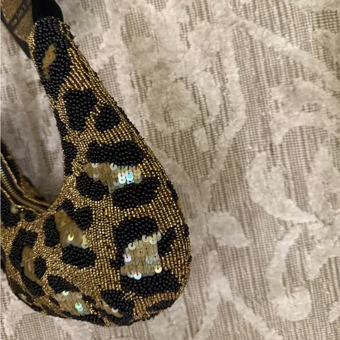 NWT Viral Leopard Cheetah Beaded Sequin Bag Black Velvet Bow Made in India New