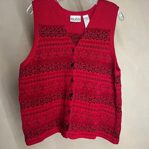 RUSS Women's Fair Isle Red Button front Sleeveless Grandma Sweater Vest |Sz:XL