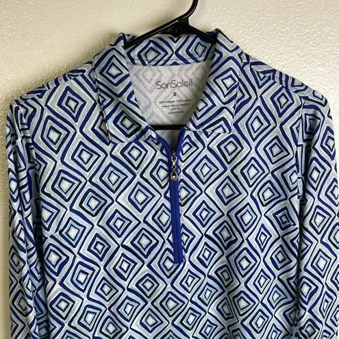 San Soleil Womens Long Sleeve Shirt Size Small Blue Top 1/4 Zip Diamond UV UPF
