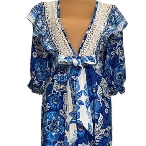 Farm Rio Full of Flowers Floral Jumpsuit Blue White Crochet Trim V Neck Boho