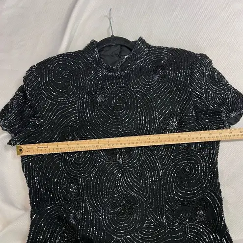 Papell Boutique Evening Black Fully Beaded Design Silk Short Sleeve Formal Dress