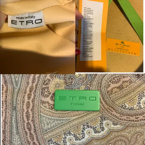 ETRO GREEN FAUX LEATHER TRIM W/TAN & GRAY COTTON PAISLEY PRINT BODY SATCHEL BAG