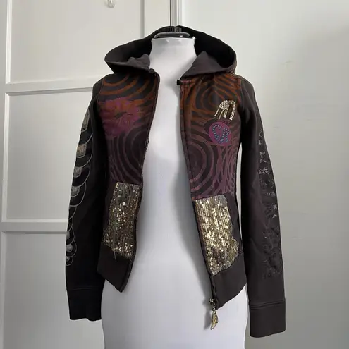 CRYSTAL ROCK XS Y2K Ed Hardy Zip Up Hoodie Brown Tattoo Sequin Rhinestone Skull