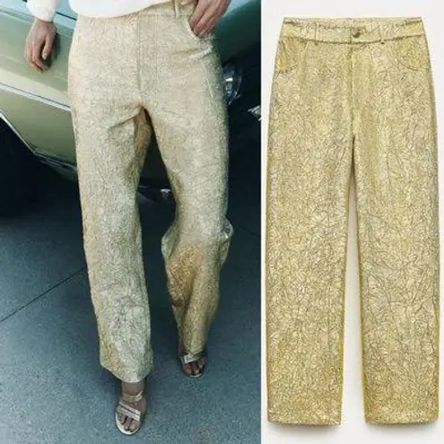 ZARA  SHINY MID WAIST PANTS STRAIGHT LEG ZW COLLECTION Gold Size S NEW