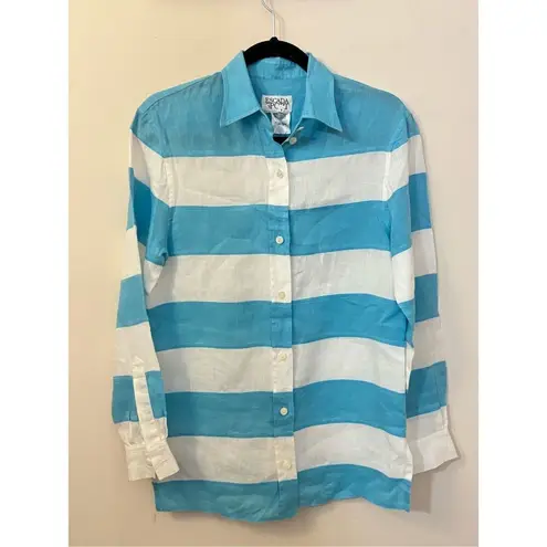 Escada Sport Aqua and White Striped Color Block Linen Button Down Blouse S Blue