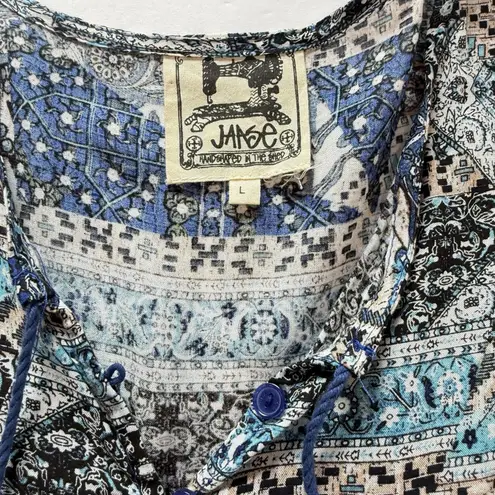 Jaase Blue Floral Babydoll Long Sleeve Boho Tassels Flare Dress Size LARGE