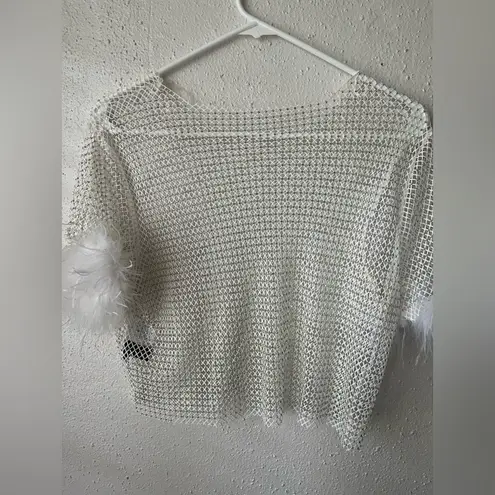 Windsor  White Mesh Rhinestone Crop Top w/ Feather Trim Sleeves – Size M - Image 4