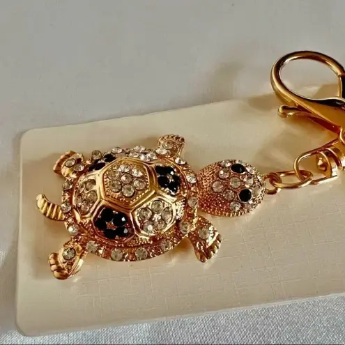 None Turtle Bag And Key Chain Charm Black/White Crystal Rhinestone Gold Tone Hardware