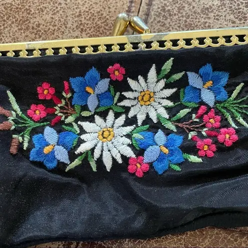 2 Vintage Embroidered Coin Purse Mend Kit Kiss Lock Black