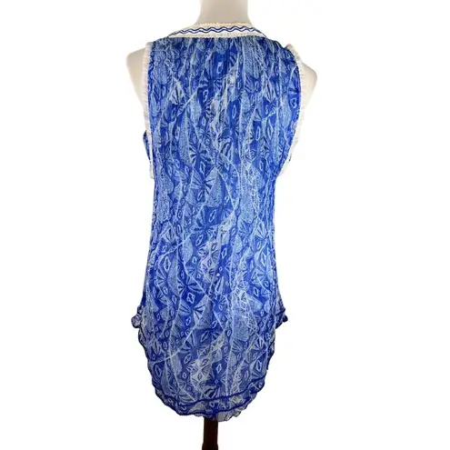 Poupette St Barth 100% Silk Blue Boho Crinkle Tunic Top L Crochet Trim Resort Size L
