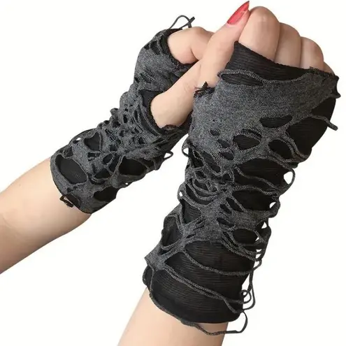 1 Pair of Black and grey ripped fingerless Punk gloves