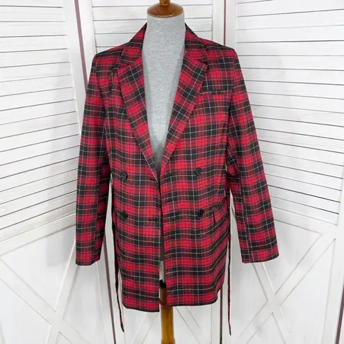 BeFree Tartan Plaid Double Breasted Tie Waist Trench Overcoat Red XS