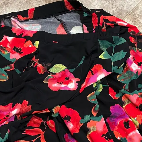 Susan Graver NEW floral wide leg high rise pull on capri pants black red XL