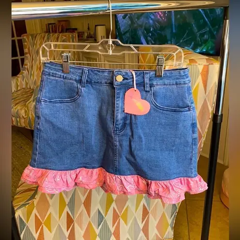 Sugar Thrillz Tickled Pink Denim Mini Skirt Blue Size L