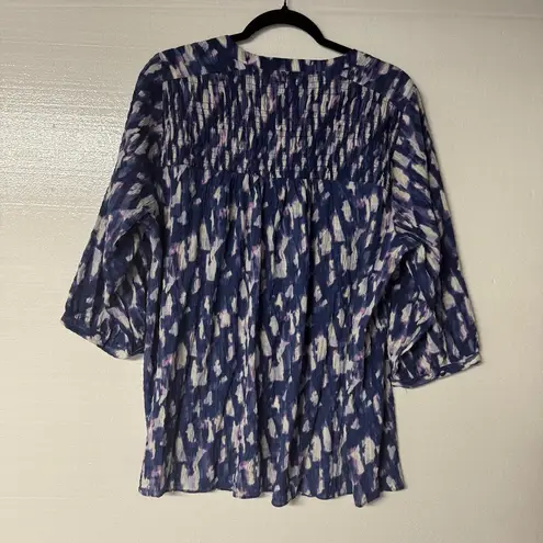 Rose + Olive Rose + Olivia Women Y Neck Top 1X Purple Abstract Watercolor Button Front Flowy