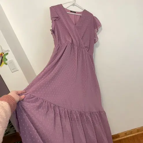 FASHION Midi Tiered Swiss Dot Dress Lilac Lavender Purple Faux Wrap Work NO BELT Size XL