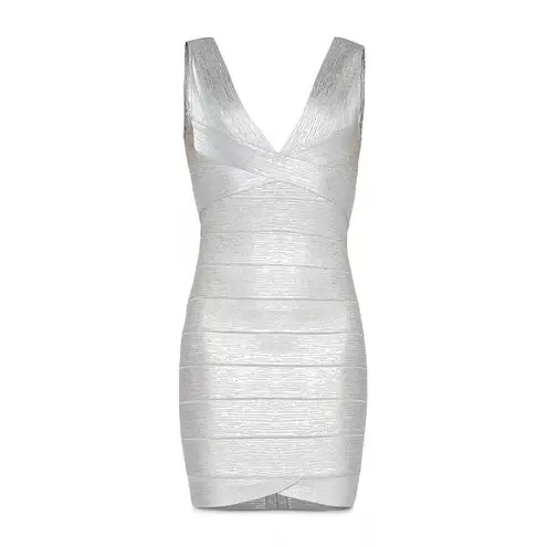 Herve Leger Metallic Deep V Neck Bandage Dress Size XXS Silver