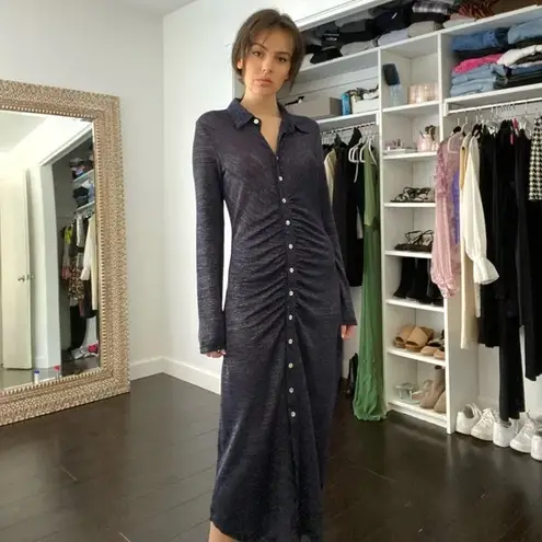 Suboo / Revolve Asha Metallic Lurex Ruched Midi Shirt Dress in Navy