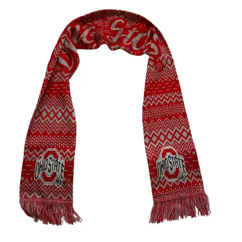 Ohio State Buckeyes Red Silver Knit Scarf with Fringe "O" Logo "OHIO STATE"